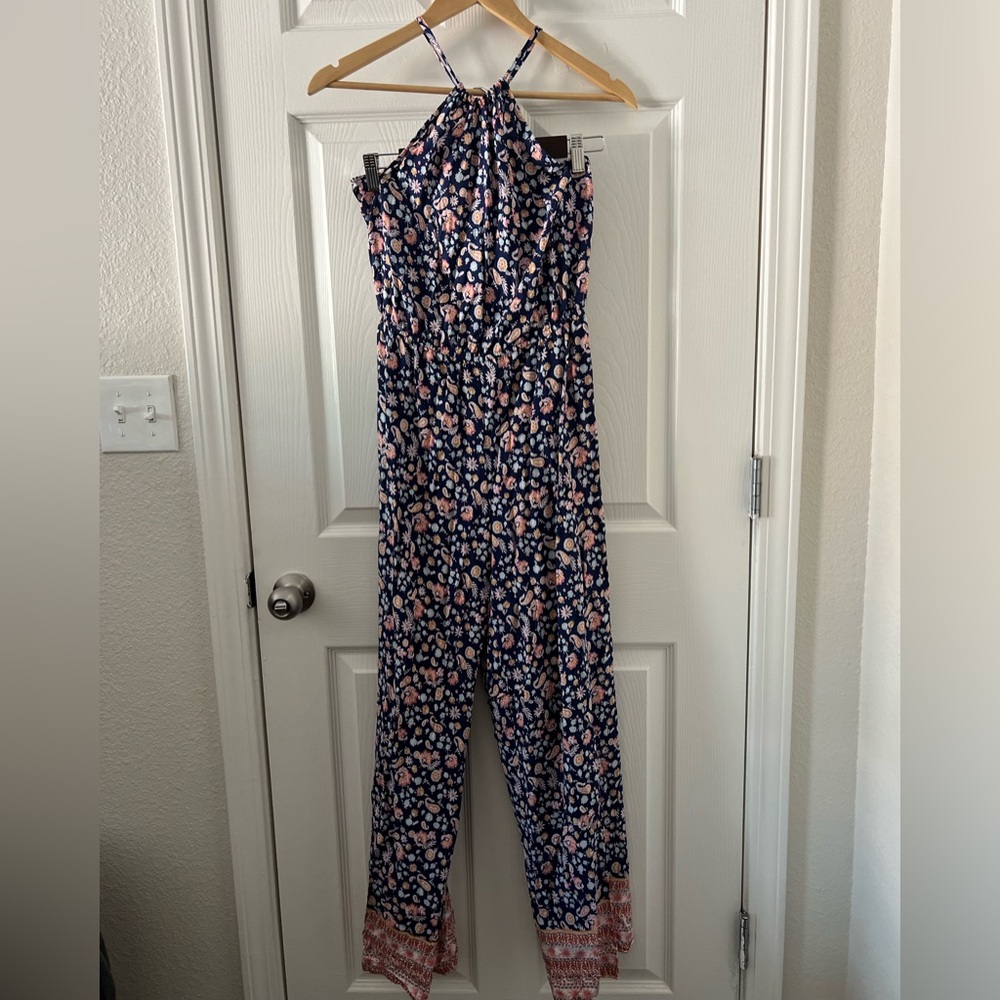 Kingston Floral Halter Jumpsuit - Navy and Pink